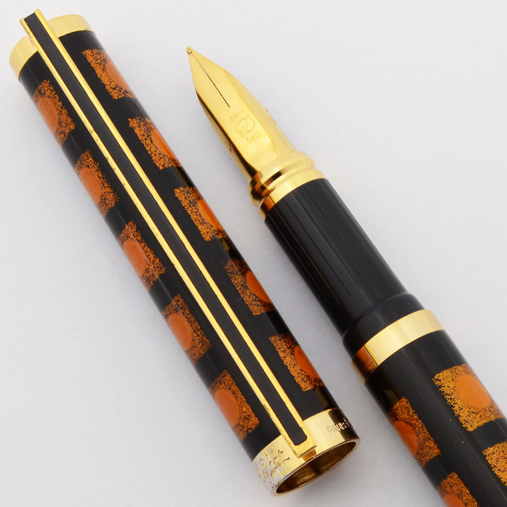 S T Dupont Classique Fountain Pen - Black w Orange Chinese Lacquer
